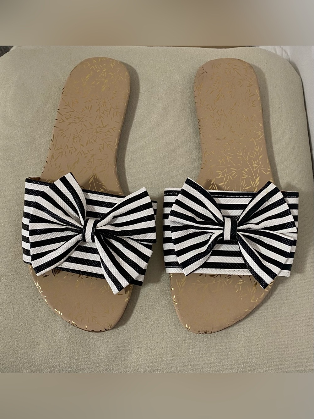 Striped Black & White Bow Slide Sandals for Women
